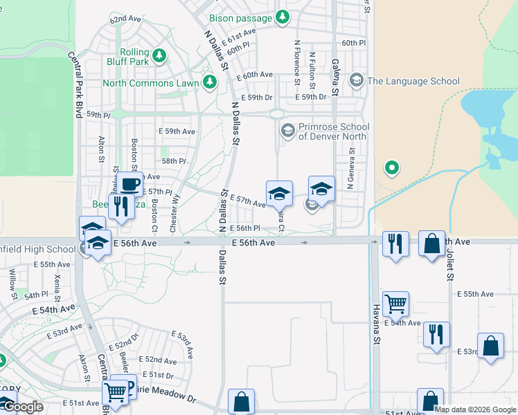 map of restaurants, bars, coffee shops, grocery stores, and more near 9815 East 56th Place in Denver