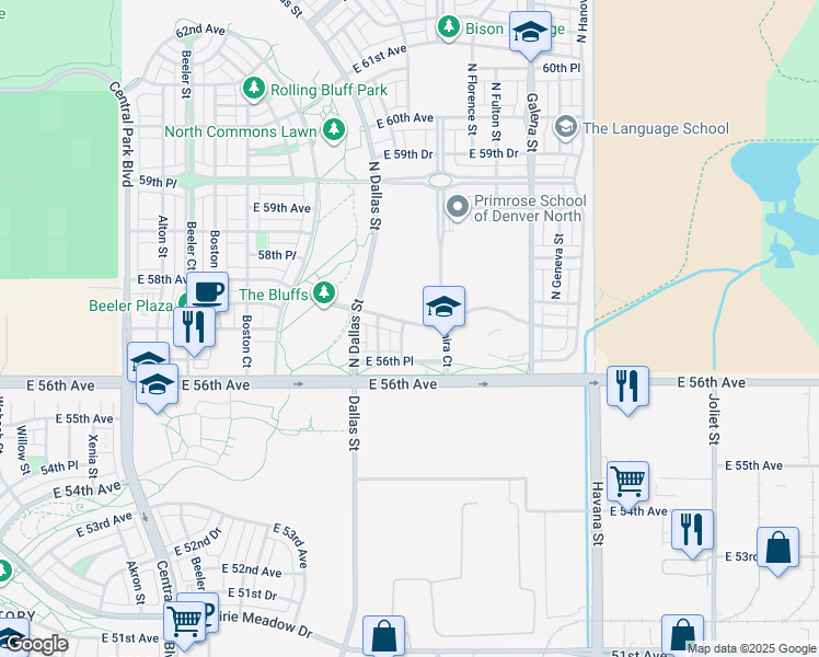 map of restaurants, bars, coffee shops, grocery stores, and more near 9703 East 56th Avenue in Denver