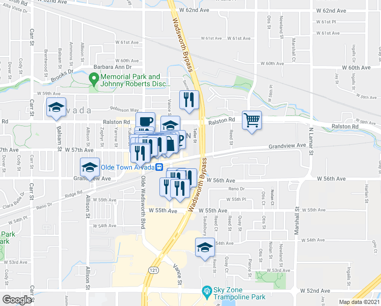 map of restaurants, bars, coffee shops, grocery stores, and more near 7305 Grandview Avenue in Arvada