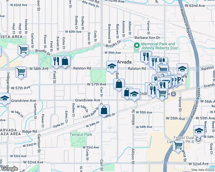 map of restaurants, bars, coffee shops, grocery stores, and more near in Arvada