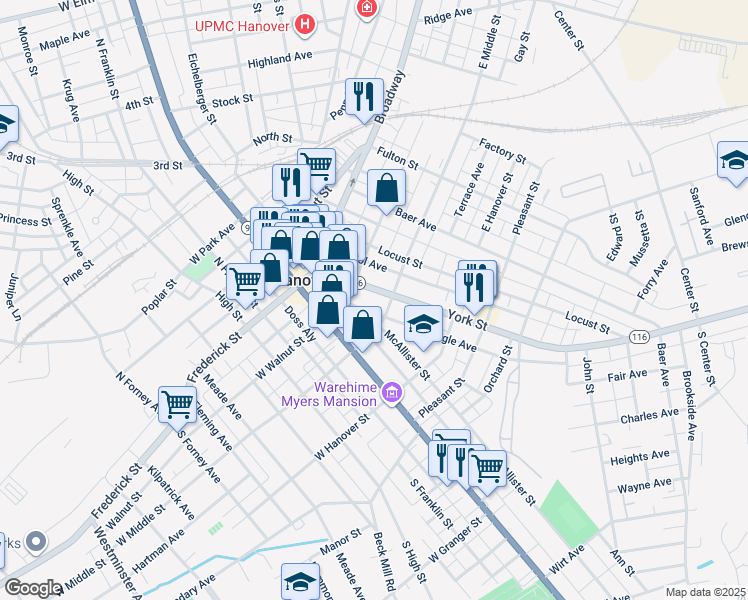 map of restaurants, bars, coffee shops, grocery stores, and more near in Hanover