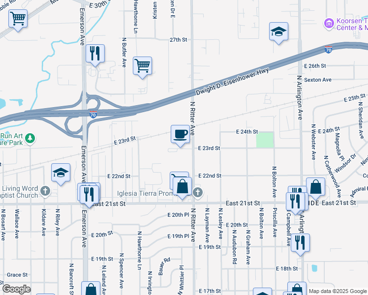 map of restaurants, bars, coffee shops, grocery stores, and more near 2240 North Ritter Avenue in Indianapolis