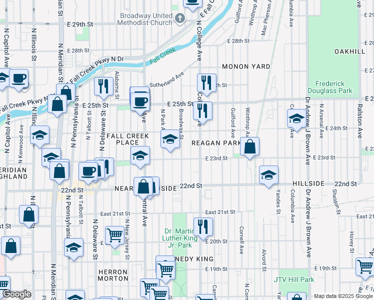 map of restaurants, bars, coffee shops, grocery stores, and more near 2302 Broadway Street in Indianapolis