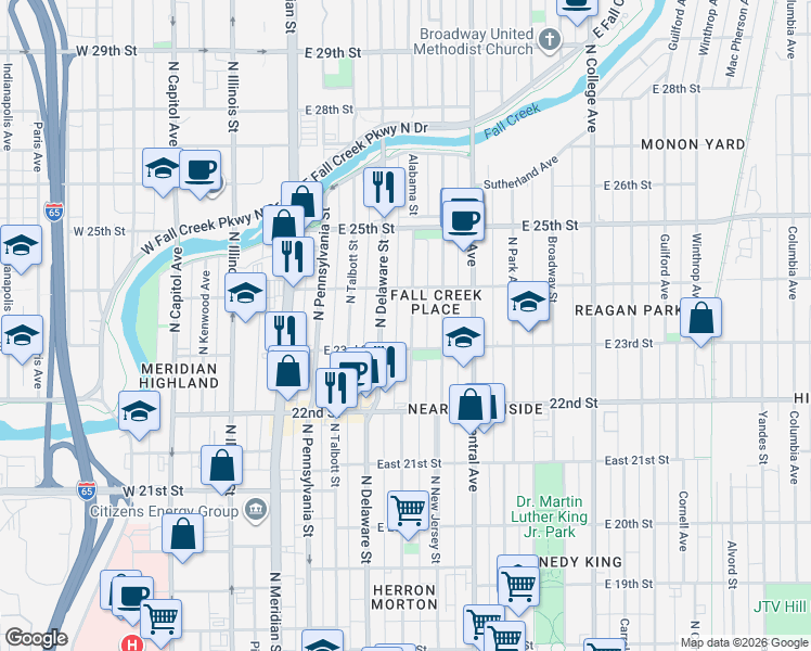 map of restaurants, bars, coffee shops, grocery stores, and more near 230 East 23rd Street in Indianapolis