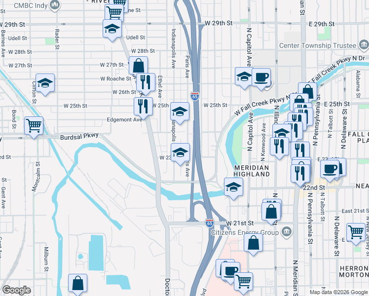 map of restaurants, bars, coffee shops, grocery stores, and more near 2301 Indianapolis Avenue in Indianapolis