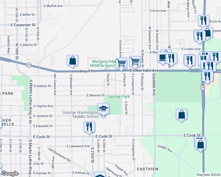 map of restaurants, bars, coffee shops, grocery stores, and more near 2317-2399 East Monroe Street in Springfield