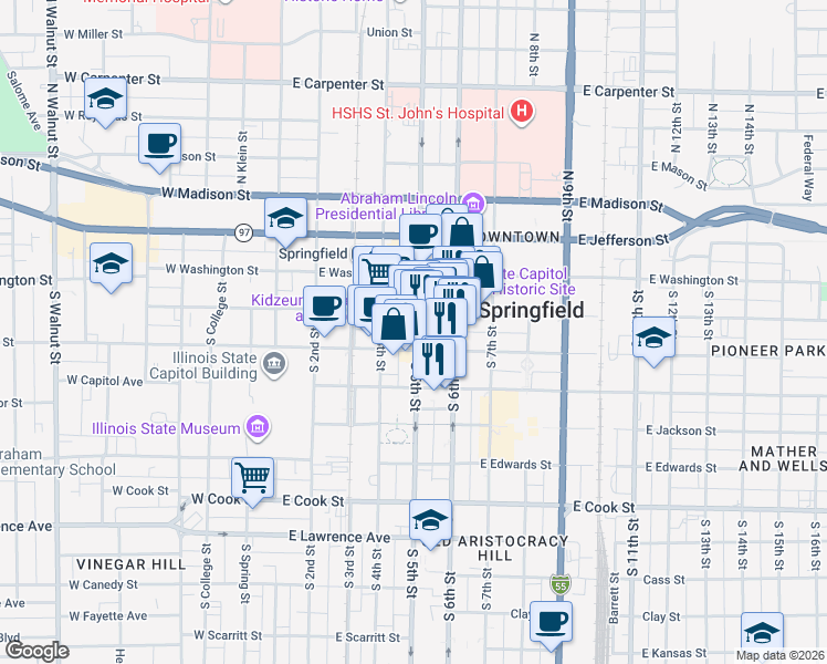 map of restaurants, bars, coffee shops, grocery stores, and more near in Springfield