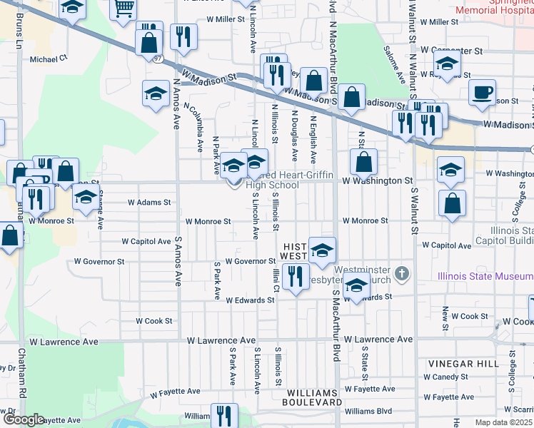 map of restaurants, bars, coffee shops, grocery stores, and more near 1200 West Monroe Street in Springfield