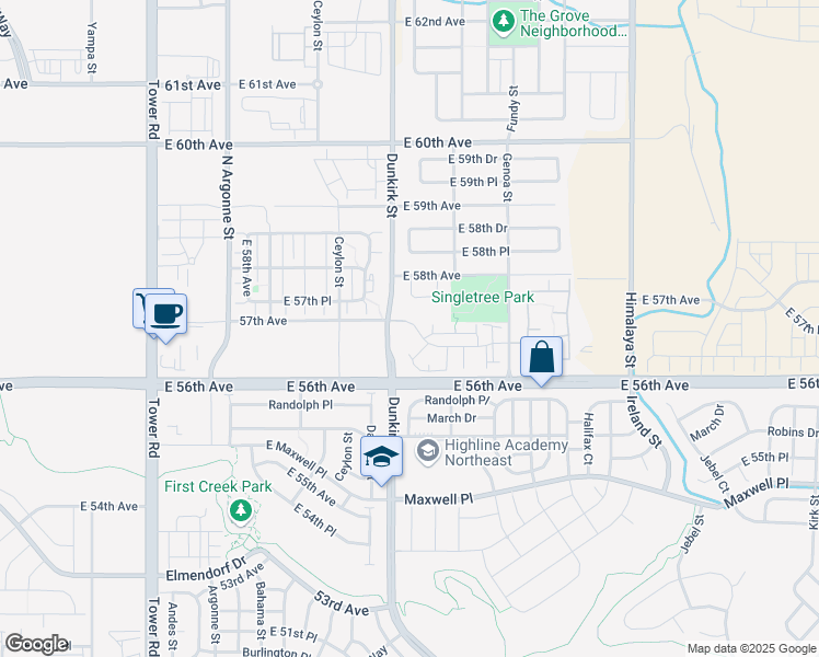 map of restaurants, bars, coffee shops, grocery stores, and more near 19300 East 57th Avenue in Denver