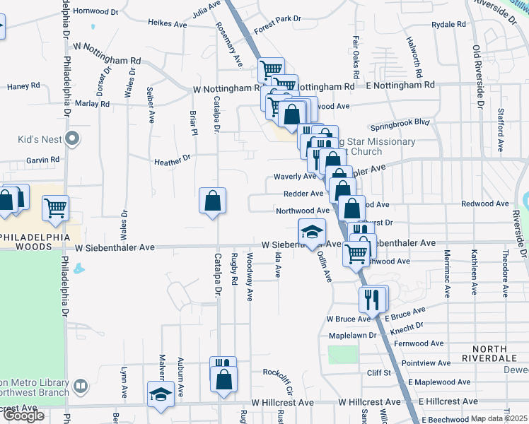 map of restaurants, bars, coffee shops, grocery stores, and more near Northwood Avenue in Dayton