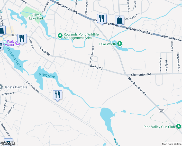 map of restaurants, bars, coffee shops, grocery stores, and more near 27 Rancocas Avenue in Clementon