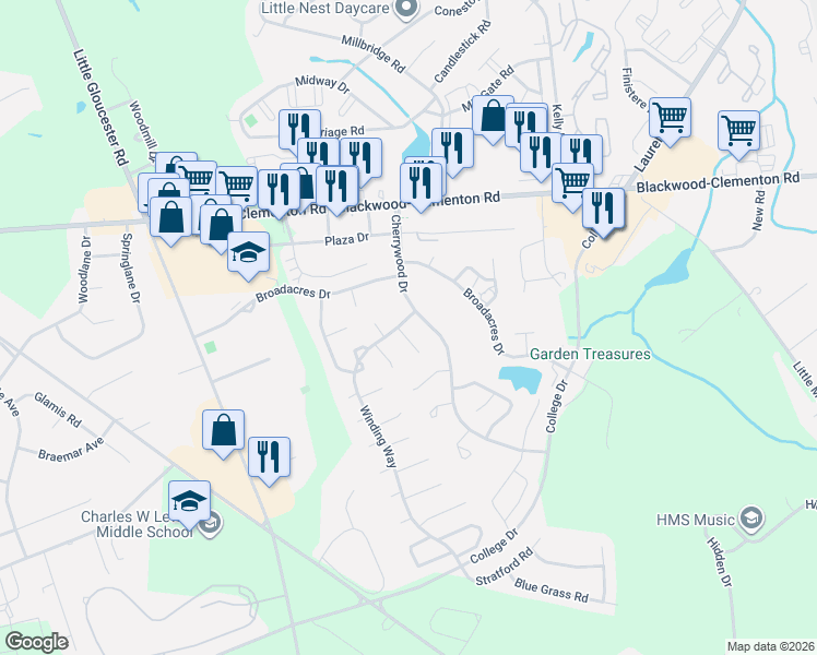 map of restaurants, bars, coffee shops, grocery stores, and more near 214 Hollybush Place in Clementon