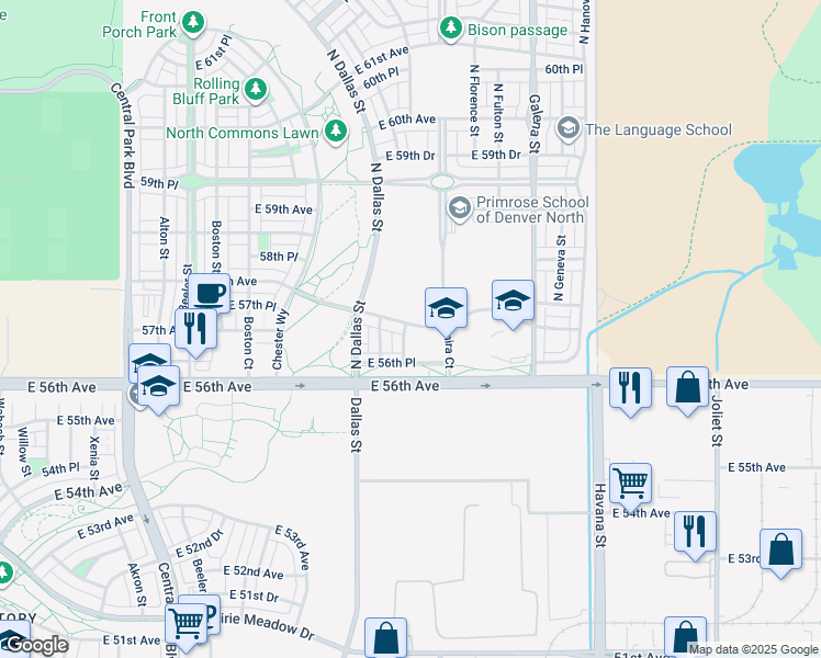 map of restaurants, bars, coffee shops, grocery stores, and more near 6262 North Emporia Street in Denver