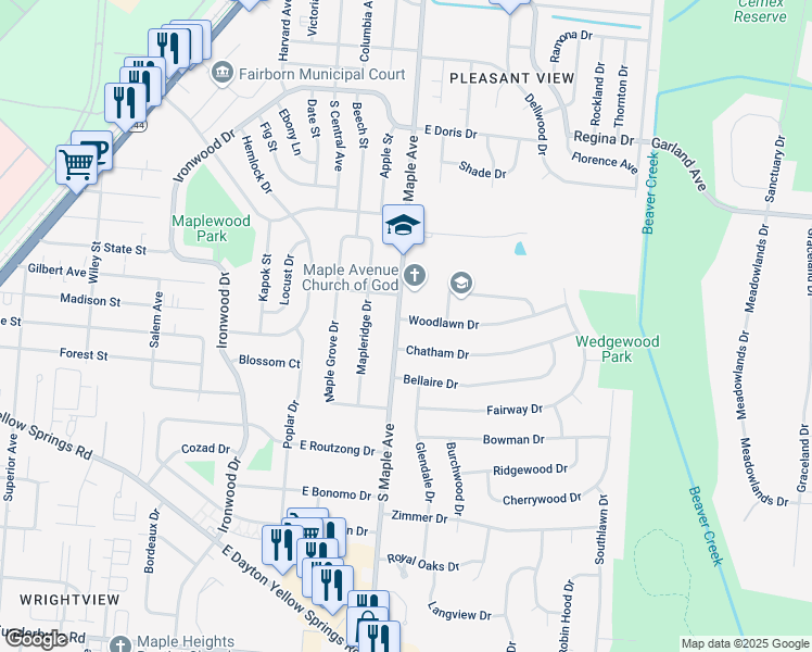 map of restaurants, bars, coffee shops, grocery stores, and more near 225 Chatham Drive in Fairborn