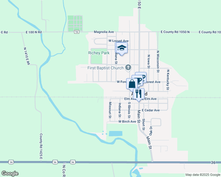 map of restaurants, bars, coffee shops, grocery stores, and more near 230 West Central Street in Atwood