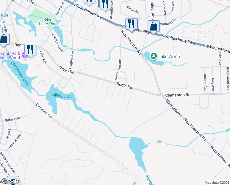 map of restaurants, bars, coffee shops, grocery stores, and more near 38 Smith Terrace in Clementon