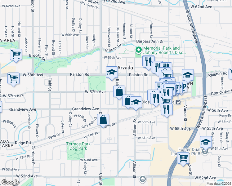 map of restaurants, bars, coffee shops, grocery stores, and more near 5621 Balsam Street in Arvada