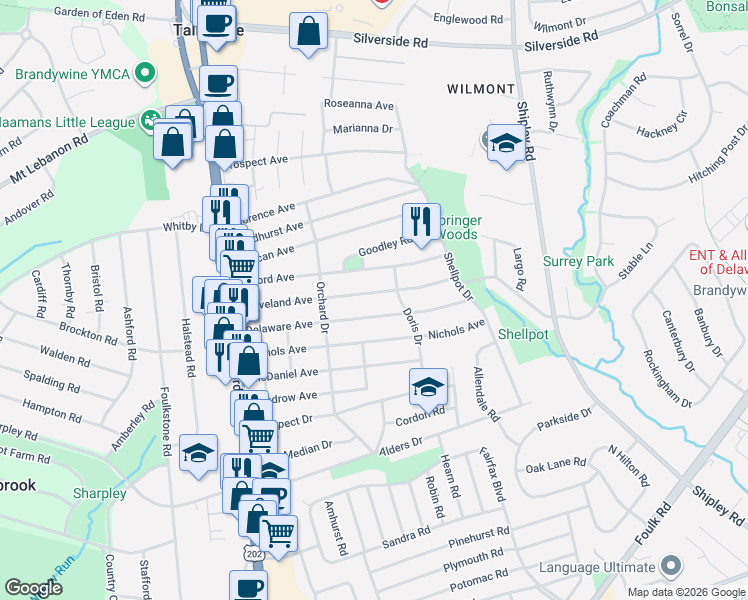 map of restaurants, bars, coffee shops, grocery stores, and more near 322 Delaware Avenue in Wilmington