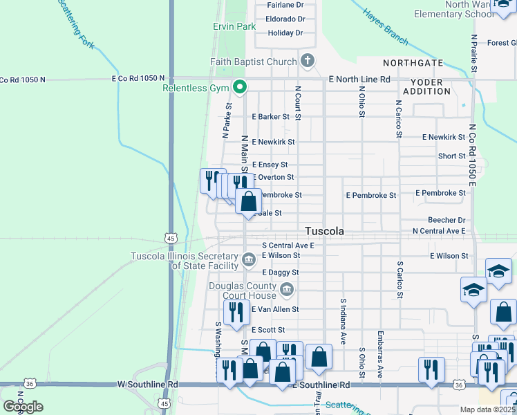 map of restaurants, bars, coffee shops, grocery stores, and more near 101 East Sale Street in Tuscola