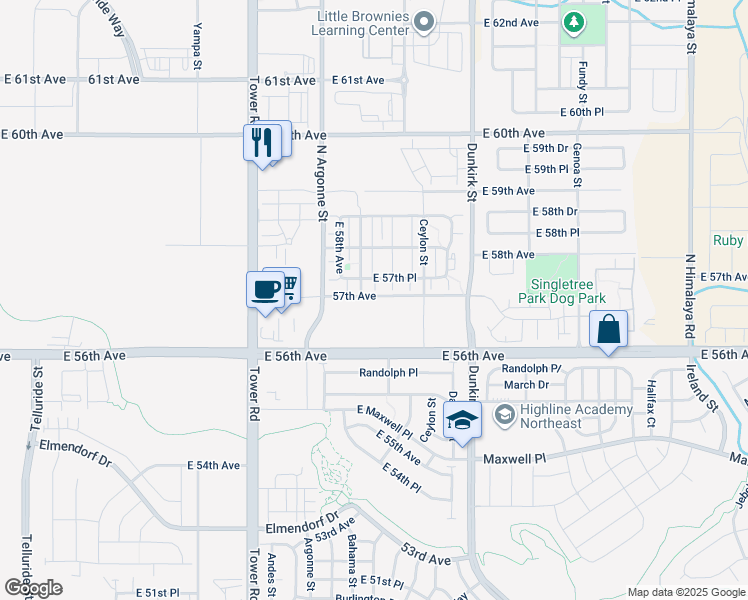 map of restaurants, bars, coffee shops, grocery stores, and more near 18865 57th Avenue in Denver
