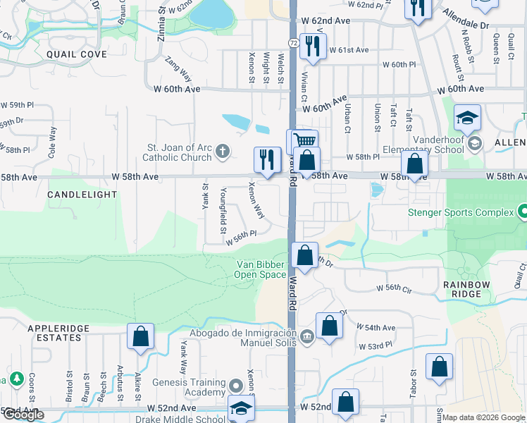 map of restaurants, bars, coffee shops, grocery stores, and more near 5675 Xenon Way in Arvada