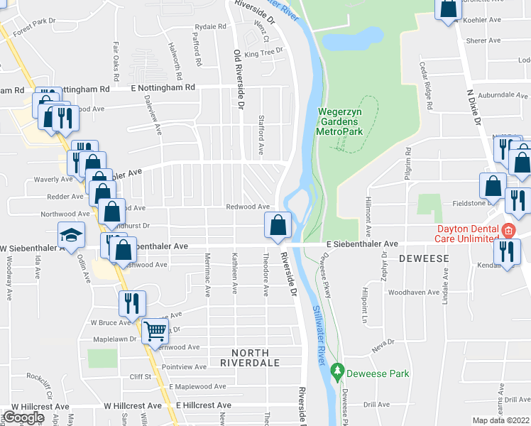map of restaurants, bars, coffee shops, grocery stores, and more near 448 Sandhurst Drive in Dayton
