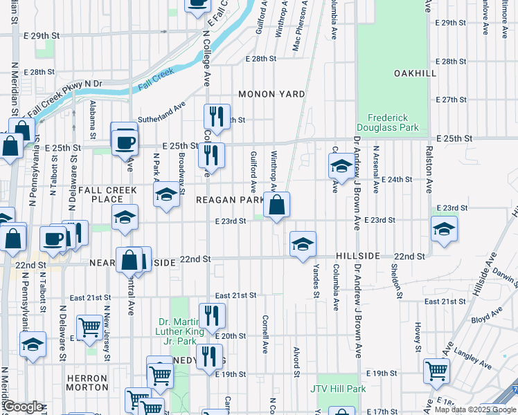 map of restaurants, bars, coffee shops, grocery stores, and more near 817 East 23rd Street in Indianapolis