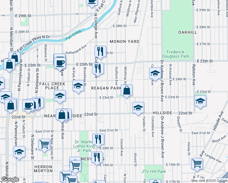 map of restaurants, bars, coffee shops, grocery stores, and more near 817 East 23rd Street in Indianapolis