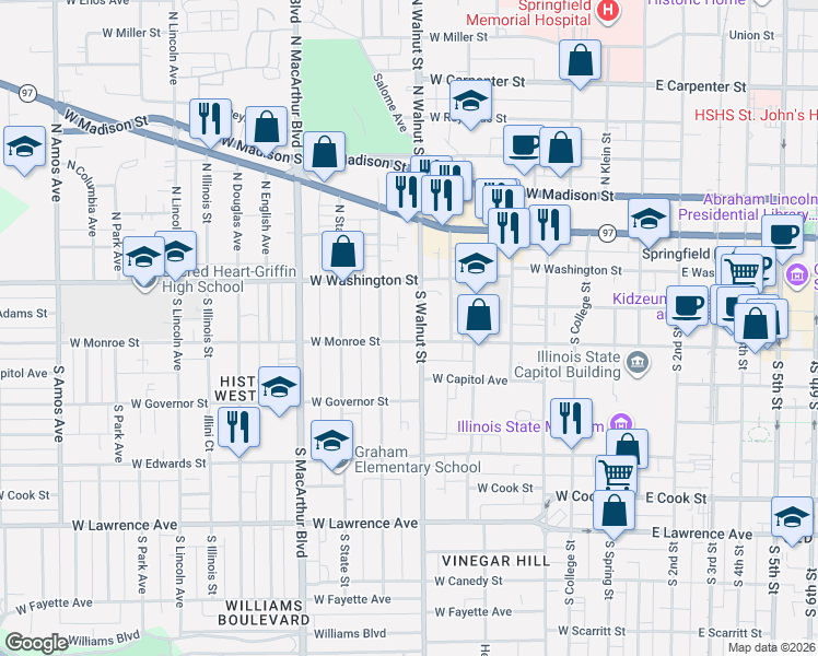 map of restaurants, bars, coffee shops, grocery stores, and more near 716 West Monroe Street in Springfield