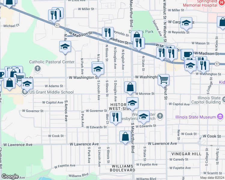 map of restaurants, bars, coffee shops, grocery stores, and more near 1120 West Monroe Street in Springfield