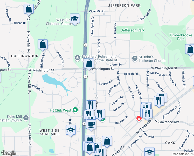 map of restaurants, bars, coffee shops, grocery stores, and more near 205 South Durkin Drive in Springfield