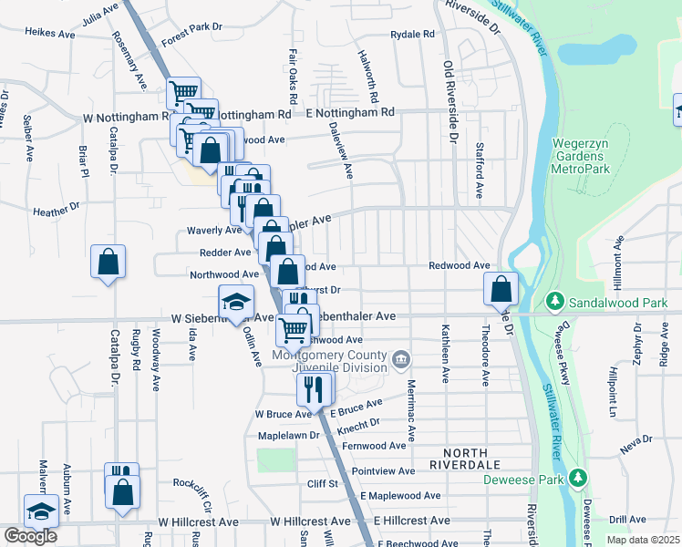 map of restaurants, bars, coffee shops, grocery stores, and more near 66 Sandhurst Drive in Dayton