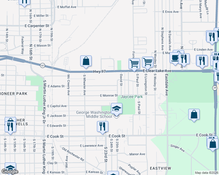map of restaurants, bars, coffee shops, grocery stores, and more near 2217 East Monroe Street in Springfield