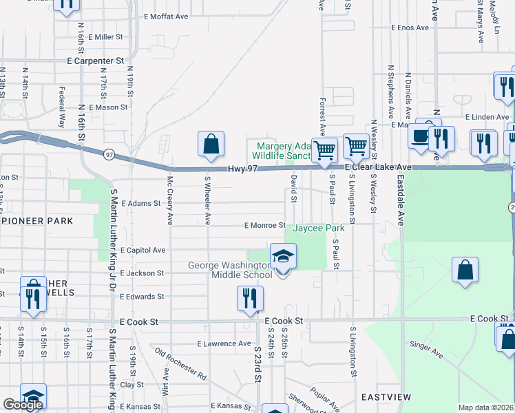 map of restaurants, bars, coffee shops, grocery stores, and more near 2217 East Monroe Street in Springfield