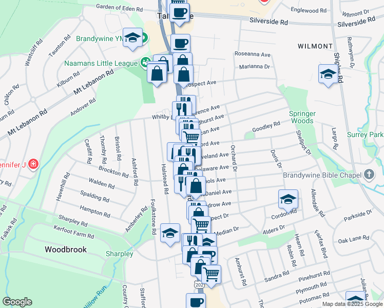 map of restaurants, bars, coffee shops, grocery stores, and more near 3003 Concord Pike in Wilmington