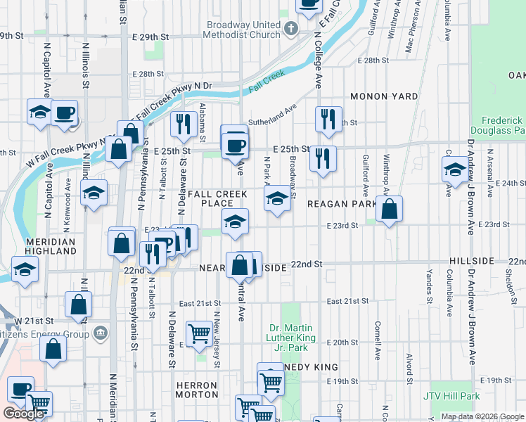 map of restaurants, bars, coffee shops, grocery stores, and more near 2301 North Park Avenue in Indianapolis