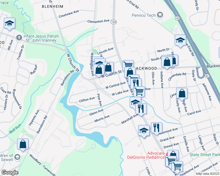 map of restaurants, bars, coffee shops, grocery stores, and more near 138 West Central Avenue in Camden County