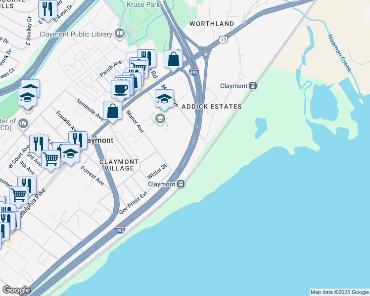 map of restaurants, bars, coffee shops, grocery stores, and more near in Claymont