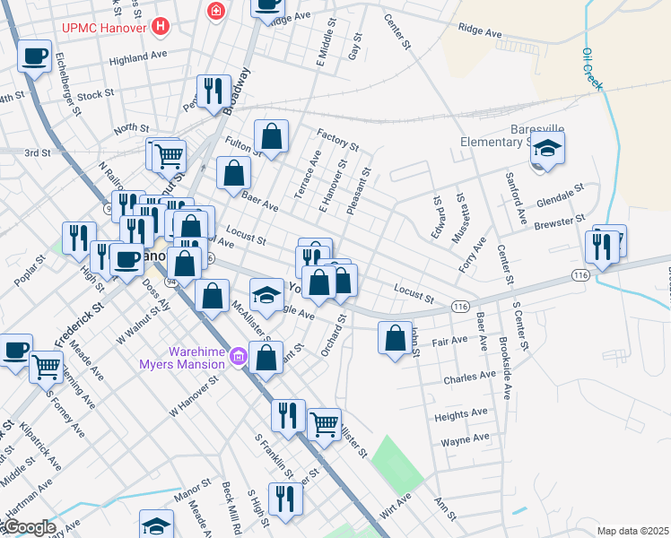 map of restaurants, bars, coffee shops, grocery stores, and more near 227 Pleasant Street in Hanover
