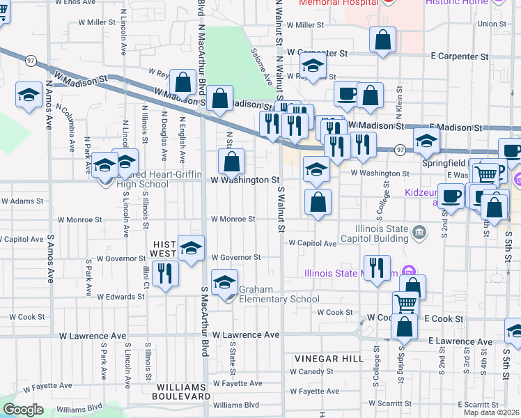 map of restaurants, bars, coffee shops, grocery stores, and more near 716 West Monroe Street in Springfield