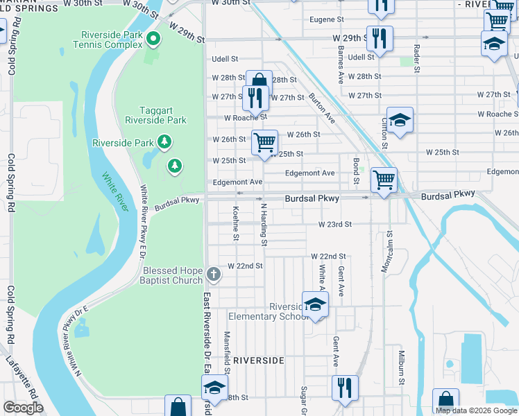 map of restaurants, bars, coffee shops, grocery stores, and more near 1420 West 23rd Street in Indianapolis