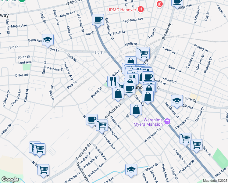 map of restaurants, bars, coffee shops, grocery stores, and more near 113 West Chestnut Street in Hanover