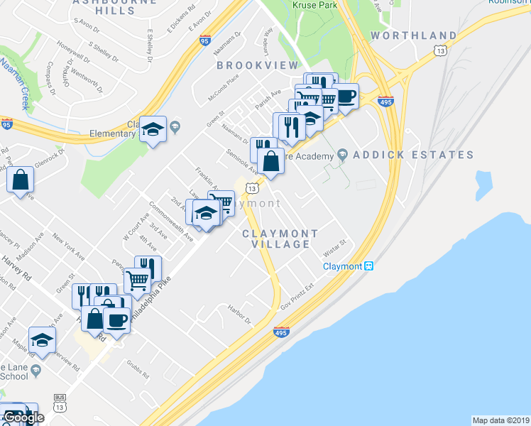 map of restaurants, bars, coffee shops, grocery stores, and more near 200 Skipjack Lane in Claymont