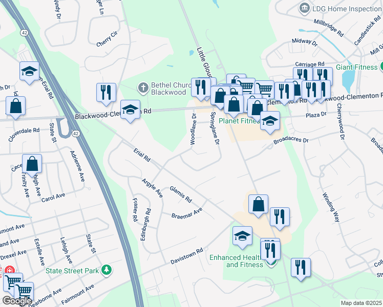 map of restaurants, bars, coffee shops, grocery stores, and more near 50 Springlane Drive in Gloucester Township