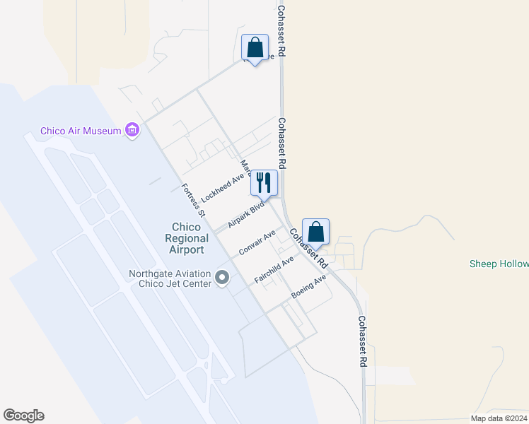 map of restaurants, bars, coffee shops, grocery stores, and more near 999 Marauder Street in Chico