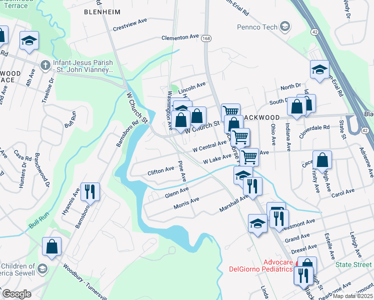 map of restaurants, bars, coffee shops, grocery stores, and more near 159 West Central Avenue in Gloucester Township