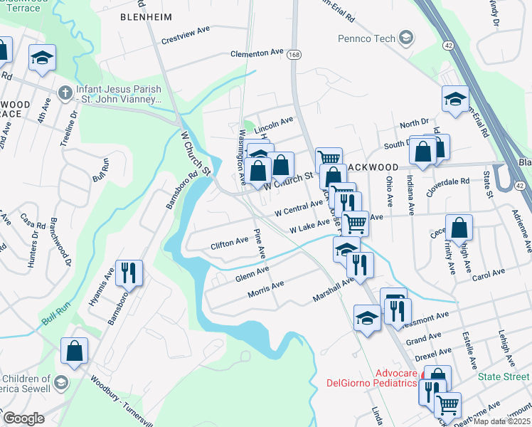 map of restaurants, bars, coffee shops, grocery stores, and more near 159 West Central Avenue in Gloucester Township