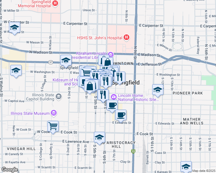 map of restaurants, bars, coffee shops, grocery stores, and more near 611 East Monroe Street in Springfield