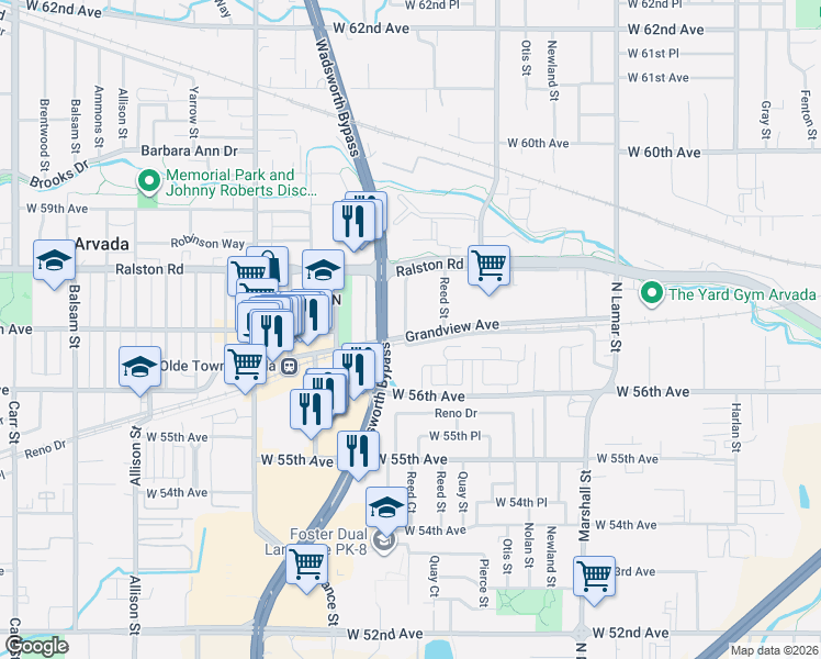 map of restaurants, bars, coffee shops, grocery stores, and more near 7010 Grandview Avenue in Arvada