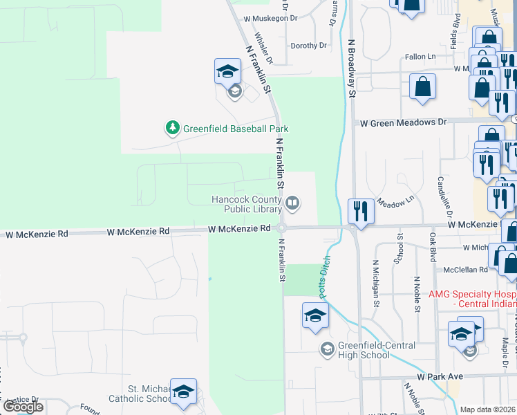 map of restaurants, bars, coffee shops, grocery stores, and more near 1108 West McKenzie Road in Greenfield